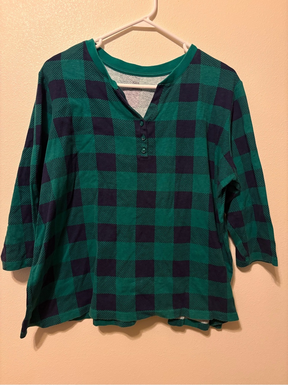 Women’s Green and Navy Check Henley Top